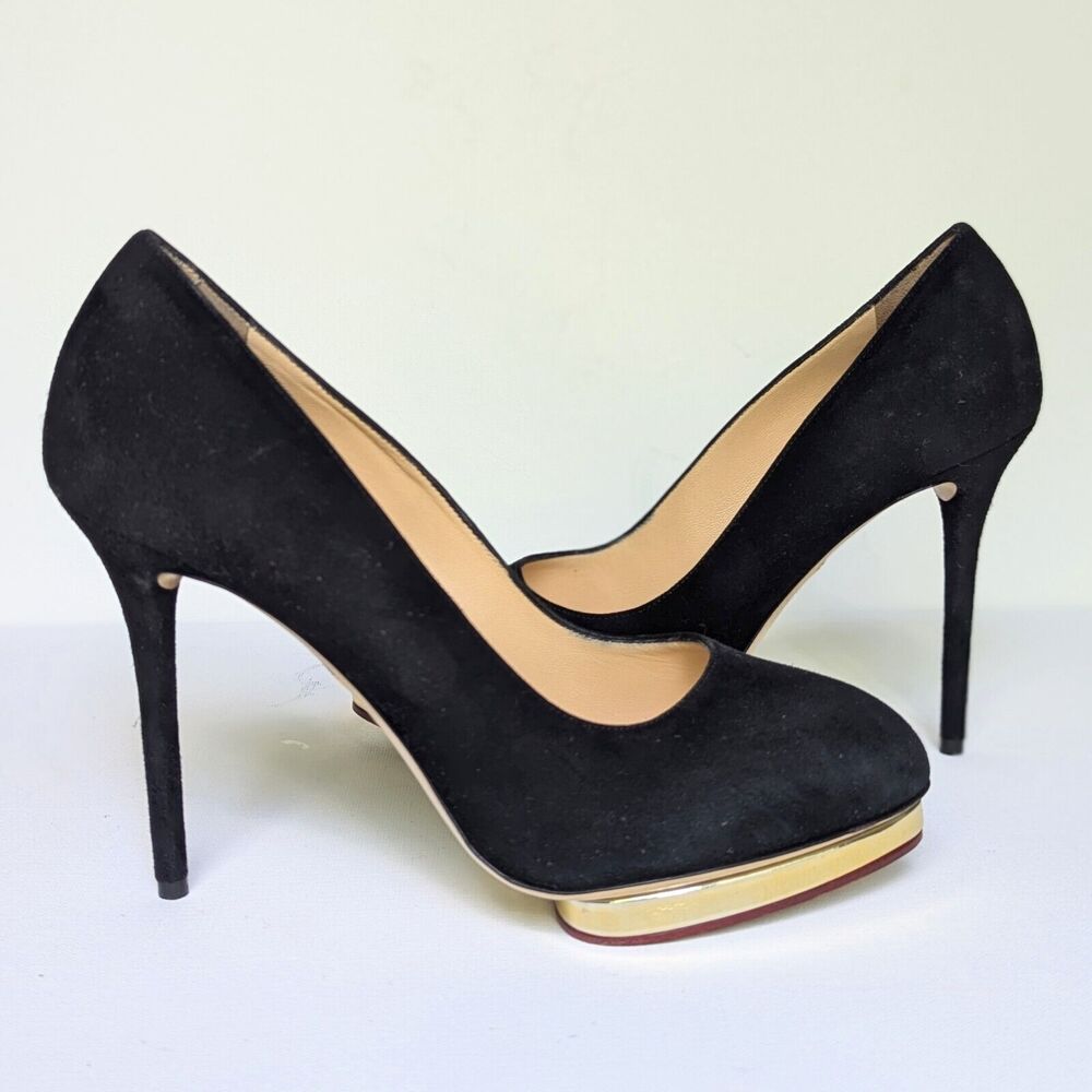 Charlotte Olympia Black Suede & Gold Debbie Pumps Women's 39 / 8.5 Made in Italy